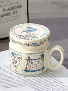1 Set High-Quality Cartoon Mug With Lid, Retro Fairy Tale Ceramic Cup, Dust-Proof Lid With Handle, Suitable For Desserts, Coffee, Beverages, Romantic Couple Gift, Home, Restaurant, Cafe, Party - Multicolor - View 4