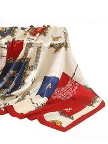 1 pieza Pañuelo cuadrado de 90cm con estampado, pañuelo de satén, pañuelo versátil para mujer, esencial de viaje, toalla de playa - Rojo - Ver 3