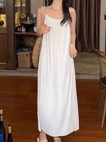 Casual Loose Solid Color Fashion Camisole Dress White Summer - White - View 3