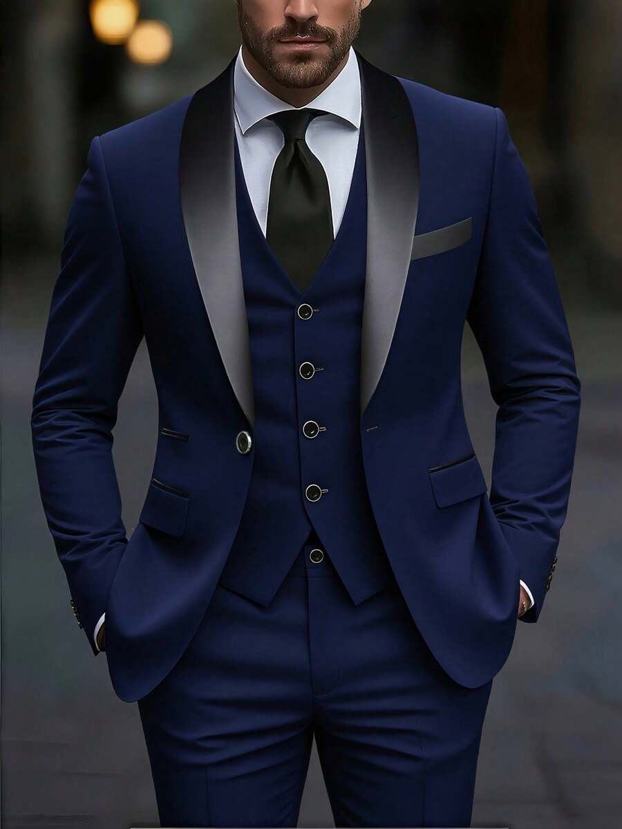 Men's 3-Piece Suit, Suit Jacket + Vest + Trousers, Business Casual, Stylish And Elegant, High-Quality Men's Suit, Suitable For Weddings, Business, Parties - 藏蓝色 - 查看 1