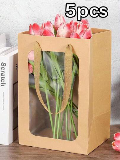5pcs Kraft Paper Bags With Window, Gift Bags, Birthday Shopping Bags, Packaging Bags, Flower Storage Bags
