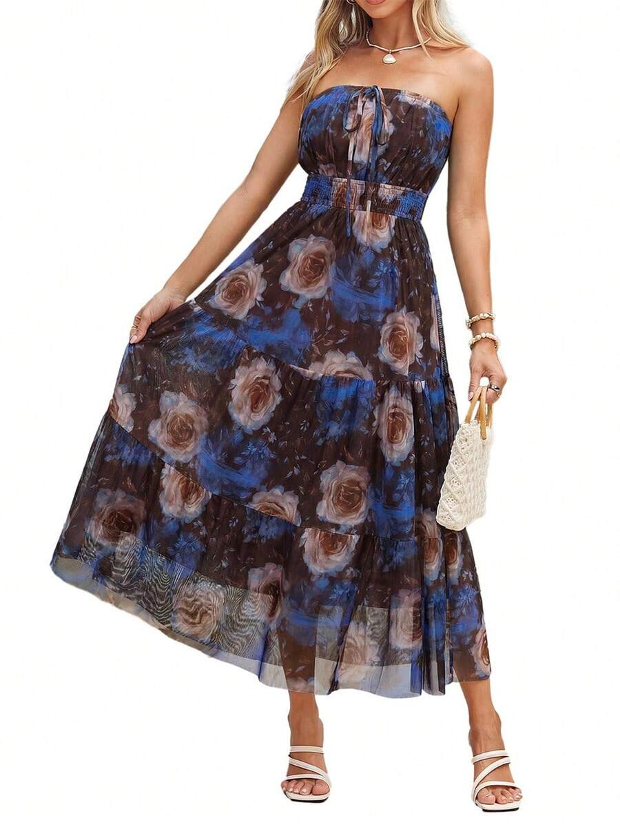Women's 2026 Summer Floral Strapless Mesh Elegant Boho Beach Vacation Maxi Wedding Guest Dresses - 棕色底玫瑰花 - 查看 1