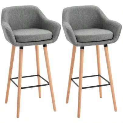 Set Of 2 Linen Bar Stools With Seat Cushions, Kitchen Stools, Bistro Stools With Footrests, Counter Stools, Grey, 55 X 48 X 100 Cm