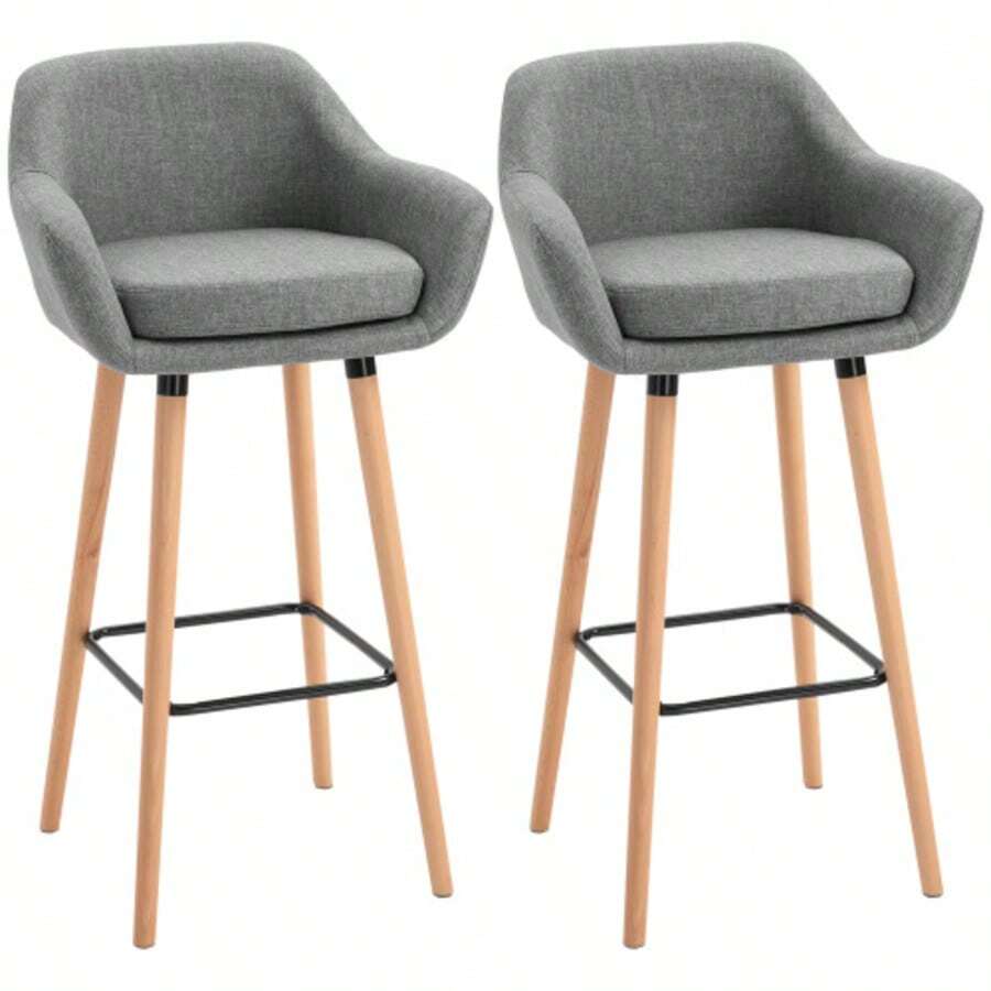 Set Of 2 Linen Bar Stools With Seat Cushions, Kitchen Stools, Bistro Stools With Footrests, Counter Stools, Grey, 55 X 48 X 100 Cm - Grey - View 1