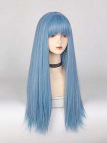 One Piece Daily Style 26 Inch Fashionable Blue Long Straight Synthetic Wig With Bangs High Temperature Resistant Women's Daily Party Cosplay Wig School Wig - Màu xanh lam - Xem 5