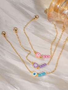 可爱清新粉色、紫色、白色、绿松石色眼睛可调节长度不锈钢女士恶魔眼手链，适合日常佩戴 - 彩色 - 查看 3