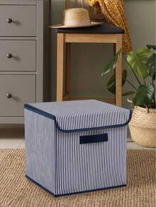 Navy Blue Striped Folding Storage Box With Lid, For Inside Cabinets, Laundry And Toys, 30x30x30 - Navy Blue - View 7