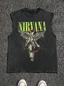 Men's Casual Crew Neck Sleeveless Washed Vest, Made Of 100% Cotton, Perfect For Summer Vacations.  Features A Stylish Print And Y2K Street Style. An Excellent Gift For Boyfriends And Husbands. - 黑色 - 查看 1