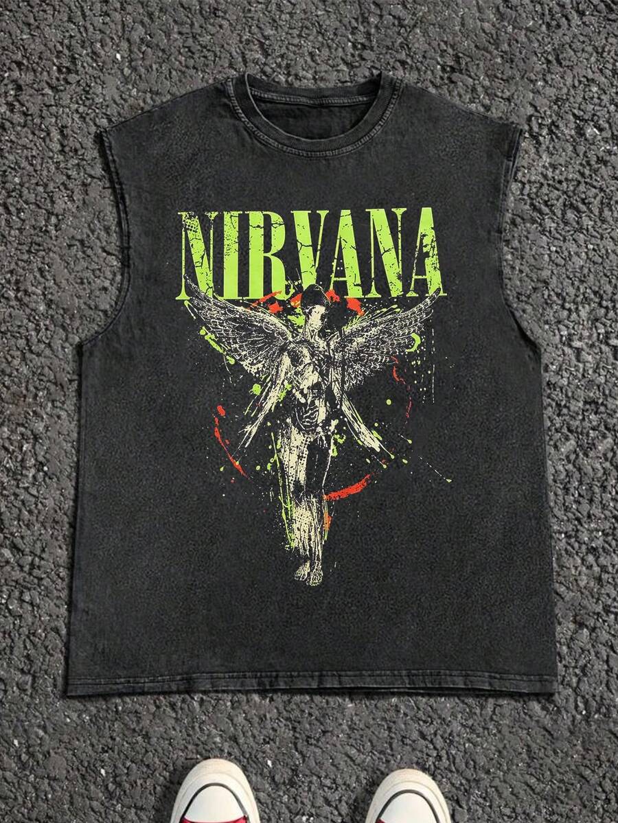 Men's Casual Crew Neck Sleeveless Washed Vest, Made Of 100% Cotton, Perfect For Summer Vacations.  Features A Stylish Print And Y2K Street Style. An Excellent Gift For Boyfriends And Husbands. - 黑色 - 查看 1