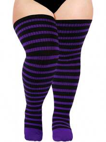 Plus Size Thigh High Socks For Women Knit Cotton Extra Long Striped Over The Knee High Socks Leg Warmers - 黑紫色 - 查看 1