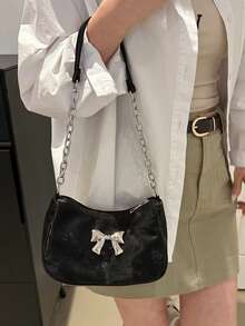 Ozdobne detale z klamrą, przeszycia, torba na ramię z łańcuszkiem, damska torba na ramię z ozdobną klamrą, torba typu hobo w stylu ulicznym, zestaw małej/średniej torebki i portfela, odpowiednia na zakupy, randki, prezent dla kobiet, odpowiednia dla nastolatek, studentek, do pracy, biznesu, dojazdów do pracy - Czarne - Zobacz 2