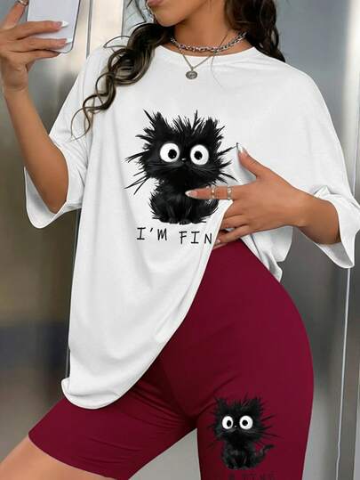 Casual Round Neck T-Shirt And Shorts Set, Suitable For Home, Sports And Fitness. Very Suitable For Spring And Summer Seasons. Adopts Casual Cat Slogan Print Design.