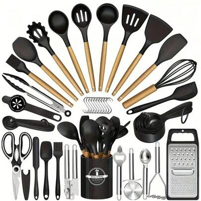 12-Piece Luxury Silicone Kitchen Cooking Utensils Set With Wooden Handles, Egg Beater, Brush Pliers, Heat-Resistant And Non-Stick Cookware, Essential Kitchen Small Tools, Healthy