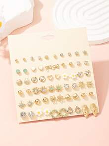 30 Pairs/Set Minimalist Women Stud Earrings Set, Cute Daisy, Fashion Teardrop, Bow, Heart Flower, Snowflake Designs, Versatile For Beach, Holiday, Gift - Yellow Gold - View 2