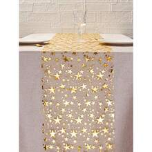 1Pc Gold Foil Star Print Table Runner, Sparkly Star Pattern Table Runner, Metallic Sequined Tulle Tablecloth, Metallic Polyester Fabric, 11 Inches X 108 Inches, Suitable For Holiday, Spring, Wedding Tablecloths, Wedding Decorations, Home Décor, Room Decorations, Party Favors, Bridal Birthday Decorations, Bachelor/Bachelorette Parties, Holiday Decorations, And Holiday Home Gifts. - 彩色 - 查看 11