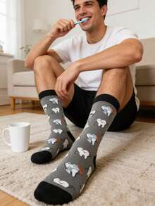 1 Pair Men's Funny Tooth Protection Patterned Mid-Calf Socks, Versatile For Sports, Outdoor, All Seasons, Lightweight For Spring/Summer - Multicolor - View 1