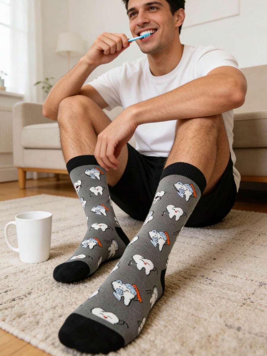 1 Pair Men's Funny Tooth Protection Patterned Mid-Calf Socks, Versatile For Sports, Outdoor, All Seasons, Lightweight For Spring/Summer - Multicolor - View 1