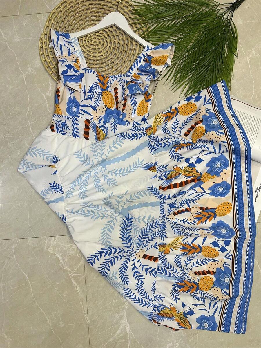 Long Dress With Print, Lined, With Built-In Bra Cups, Made Of Pretty, Fashionable Crepe Fabric. - 蘭/桔 - 查看 1