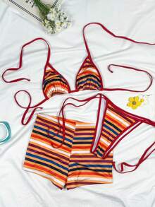 情人节新款复古彩色条纹比基尼，三件套泳衣，适合海滩派对和夏季穿着 - 彩色 - 查看 2