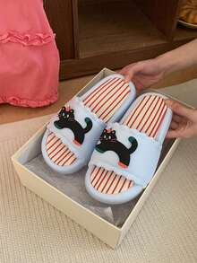 XIXITIAO 1双可爱趣味红帽黑猫蕾丝条纹可拆卸鞋垫软底拖鞋，舒适轻便创意家居拖鞋 - 藍色 - 查看 9