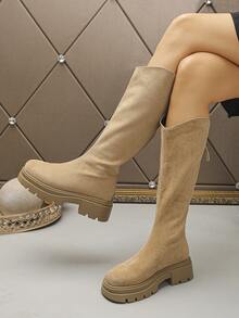 2025冬季圆头厚底粗跟高筒靴，专为娇小女性设计，显瘦效果，不挑剔，复古风格，适合搭配裙装，后拉链，V领，厚底 - 棕色 - 查看 1