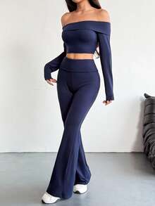 VENORA Women's Sexy Casual Off The Shoulder Crop Top & Flare Pants Two Pieces Outfit, Medium Stretch Long Sleeve Co-Ord Set For Fall - Navy Blue - View 8