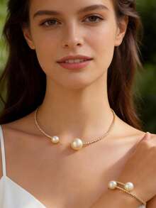 1 Set Pearl Necklace & Bracelet Jewelry Set, Suitable For Women's Evening Dress, Bridal Wedding Photography Accessories - Two-piece Set - View 8