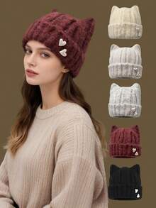 1pc Tie-Dye Cute Polyester Knit Cat Ear Beanie Hat, Autumn/Winter - Coffee Brown - View 11