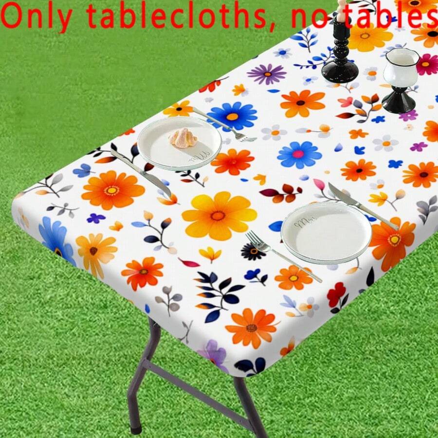 1pc Elastic Edge Tablecloth, Vibrant Orange Yellow Blue Pink Color Blocking, Healing Ditsy Floral Stretch Tablecloth, Spring Family Gathering Outdoor Party Gift, Home Decor, Suitable For Home Gatherings, Outdoor Decoration, Holiday Use, Indoor/Outdoor - Multicolor - View 1