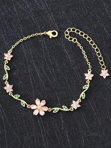1 pieza Pulsera elegante con flores y circonita cúbica, accesorio de joyería de moda para mujer, ideal para uso diario y regalo del Día de San Valentín - Oro B - Ver 1