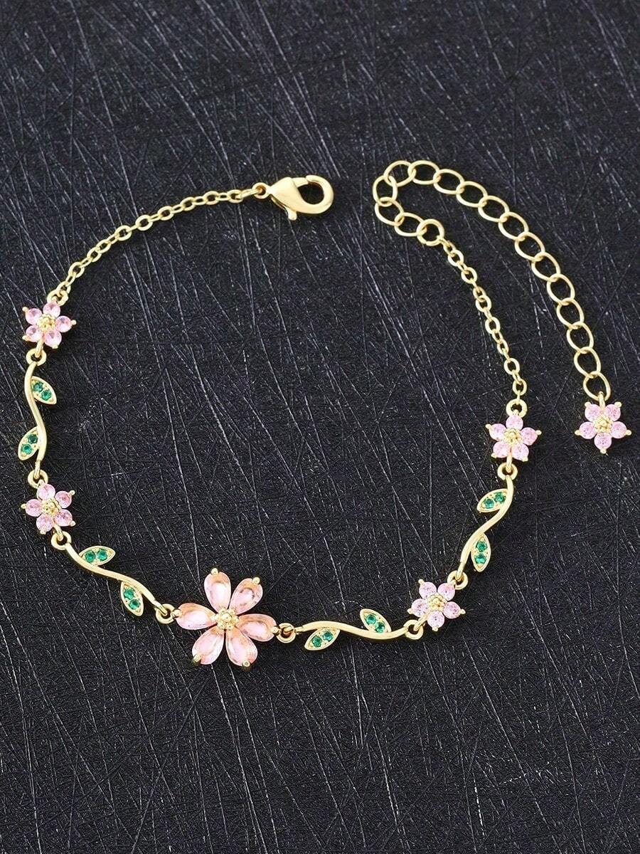 1 pieza Pulsera elegante con flores y circonita cúbica, accesorio de joyería de moda para mujer, ideal para uso diario y regalo del Día de San Valentín - Oro B - Ver 1