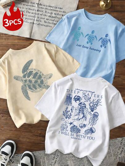 夏季新款女士简约彩色字母海边海洋海龟螃蟹壳水母图案印花圆领短袖T恤三件套，百搭适合女士度假休闲和春季穿着。