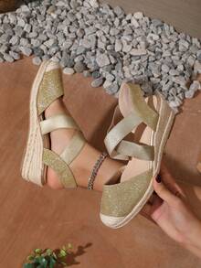 Women's Criss-Cross Elastic Glitter Rope Platform Wedge Shoes - Gold - View 2