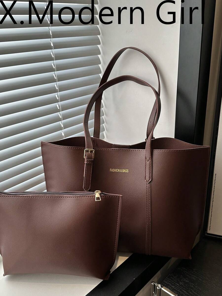 复古简约时尚通勤手提包，女士大容量单肩包，2024新款 - 咖啡 - 查看 1