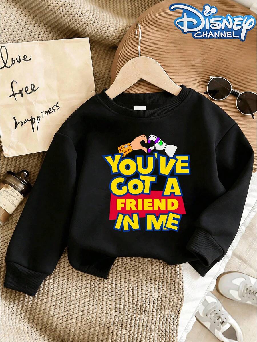 Disney Toy Story "You've Got A Friend In Me" Graphic Hoodie - Round Neck, Casual Summer Top, Suitable For Both Boys And Girls. Perfect For Holiday Parties, Gatherings, Outdoor Activities, And Everyday Casual Wear. - màu đen - Xem 1