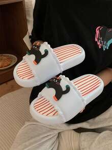 XIXITIAO 1双可爱趣味红帽黑猫蕾丝条纹可拆卸鞋垫软底拖鞋，舒适轻便创意家居拖鞋 - 藍色 - 查看 7