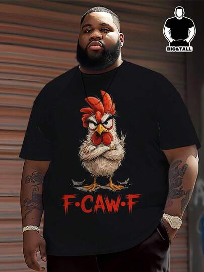 加大码“F*CAW*F”愤怒公鸡图案T恤，黑色底，美式街头风趣味标语短袖上衣，夏季款