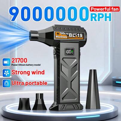 Wielofunkcyjny przenośny turbowentylator, bezszczotkowy silnik o dużej prędkości, przenośna turbowentylator, dmuchawa do czyszczenia samochodu, zawiera 2 akumulatory 3000 mAh, wyposażony w różne dysze do wszechstronnego zastosowania, chłodzenie latem, odśnieżanie zimą, rozpałka kempingowa, osuszanie samochodu, stosowany do odmrażania i czyszczenia foteli samochodowych, klawiatur komputerowych, szczelin okiennych, sof i dywanów, kompaktowy i przenośny, niezbędny w domu i w podróży!
