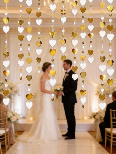 165英寸白色和金色心形花环 - 纸质心形丝带横幅，适用于婚礼、新娘礼物派对、生日、单身派对装饰 - 无需用电，婚礼装饰