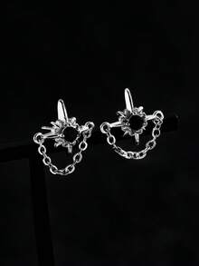 1 Pair Starburst, North Star Stud Earrings, Minimalist Chain Earrings, Unisex Edgy Punk Earrings, Versatile Accessory For Stylish Outfit - Silver - View 9