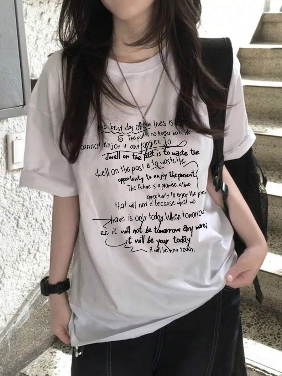 女士圆领短袖T恤，夏季新款字母印花，时尚休闲百搭宽松上衣 - 白色 - 查看 1