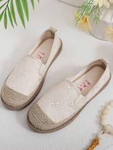 女士学院风平底休闲米色渔夫鞋，低帮透气略宽百搭草编鞋 - 米色 - 查看 4