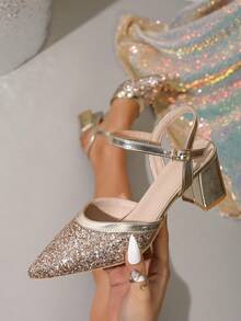 Women's Pointed Toe High Heel Shoes With Ankle Strap, Chunky Heel, Glitter, Casual & Comfortable Sandals, Spring/Summer - Gold - View 3