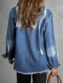 Women Plus Size Casual Ripped Single Breasted Denim Jacket, Autumn - Medium - View 8