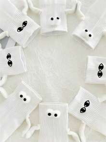 4 Pairs Embroidered 3D Eye Design Pullable Mid-Calf Socks, Suitable For Best Friends/Couples - Multicolor - View 7