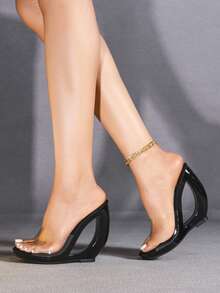 性感超高跟厚底细高跟鞋，防水透明坡跟水钻派对礼服鞋，适合时装秀、宴会、夜店等场合。 - 黑色 - 查看 3