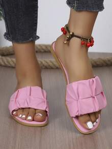 1 Pair Women's Summer Fashionable PU Pleated/Ruffle Edge Beach Sandals, Non-Slip Outdoor Slippers With Soft Soles And Open Toe, Casual Wear - Pink - View 6
