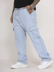 Men's Cargo Pants In Twill And Denim, Comfortable Oversized Casual Fit With 6 Pockets, Skate Style - 淺色水洗藍 - 查看 1