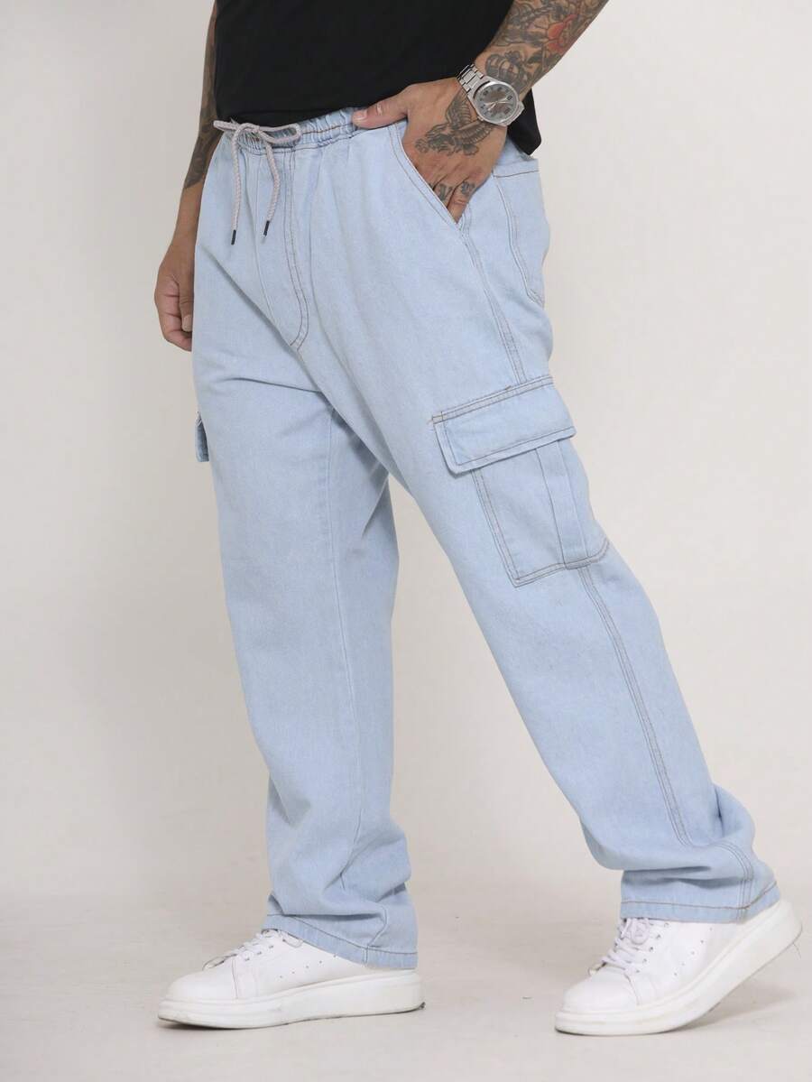Men's Cargo Pants In Twill And Denim, Comfortable Oversized Casual Fit With 6 Pockets, Skate Style - 淺色水洗藍 - 查看 1