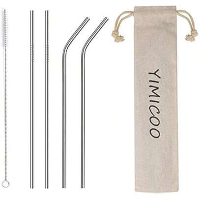 4PCS Reusable Metal Straws,8.5" Stainless Steel Straws With Case -Cleaning Brush For 20 Oz For Tumblers (Silver)